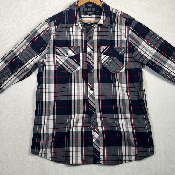 Eighty‎ Eight Platinum Men's Long Sleeve Button Up Shirt, blue gray red Plaid, L - Picture 1 of 7